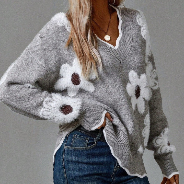 SOFIA – FLORAL KNIT V-NECK SWEATER