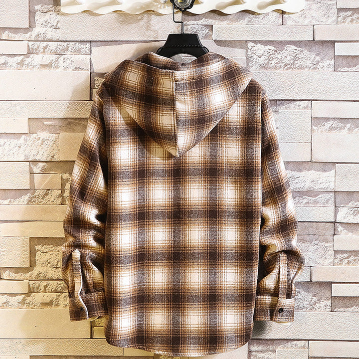 Men's Checked Flannel Overshirt Hoodie with Hood and Chest Pocket Hudson & Parker