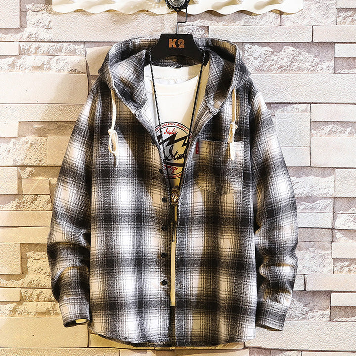 Men's Checked Flannel Overshirt Hoodie with Hood and Chest Pocket Hudson & Parker