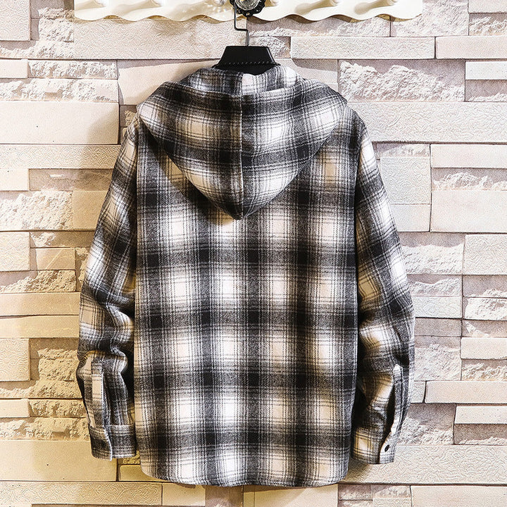Men's Checked Flannel Overshirt Hoodie with Hood and Chest Pocket Hudson & Parker