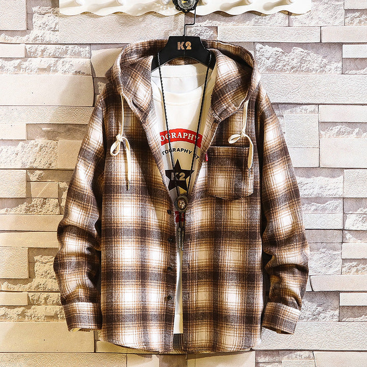 Men's Checked Flannel Overshirt Hoodie with Hood and Chest Pocket Hudson & Parker