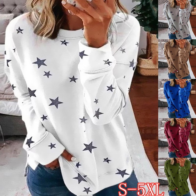Ladies oversized star print sweatshirt with round neck, extended back and side slits Hudson & Parker