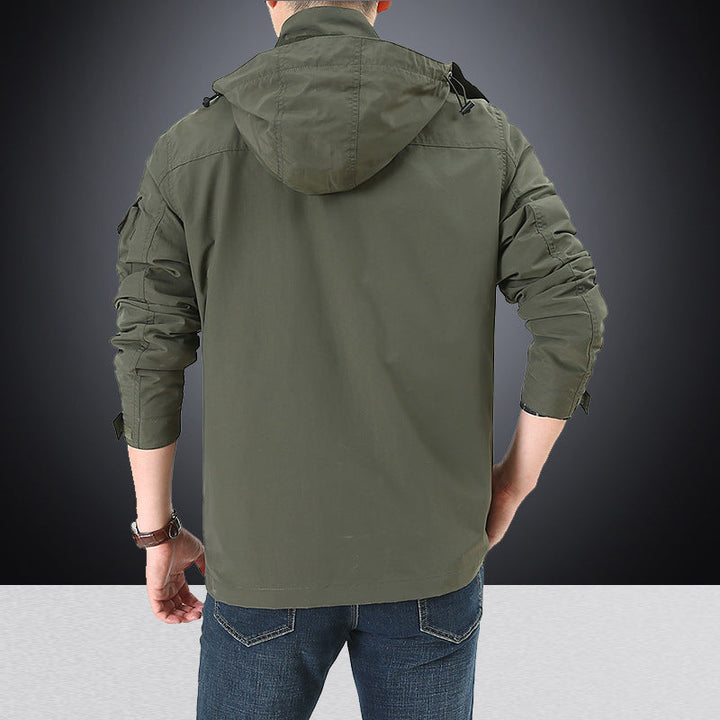Men's multifunctional utility field jacket with numerous flap and zippered pockets as well as D-ring Hudson & Parker