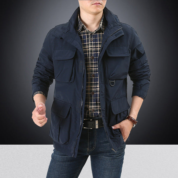 Men's multifunctional utility field jacket with numerous flap and zippered pockets as well as D-ring Hudson & Parker