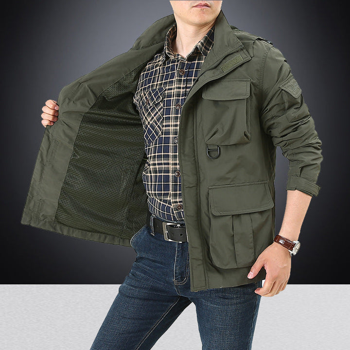Men's multifunctional utility field jacket with numerous flap and zippered pockets as well as D-ring Hudson & Parker