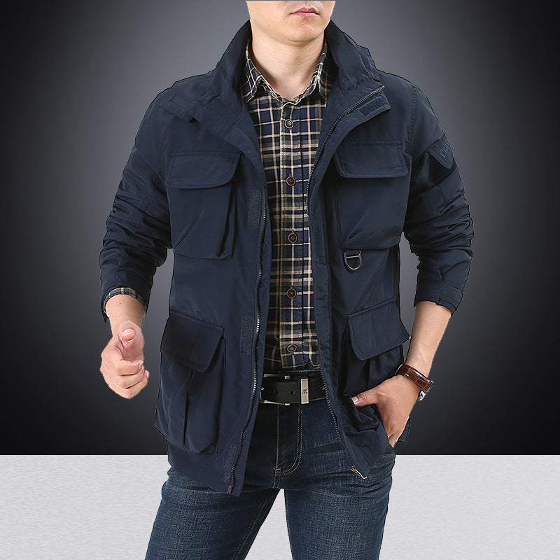 Men's multifunctional utility field jacket with numerous flap and zippered pockets as well as D-ring Hudson & Parker