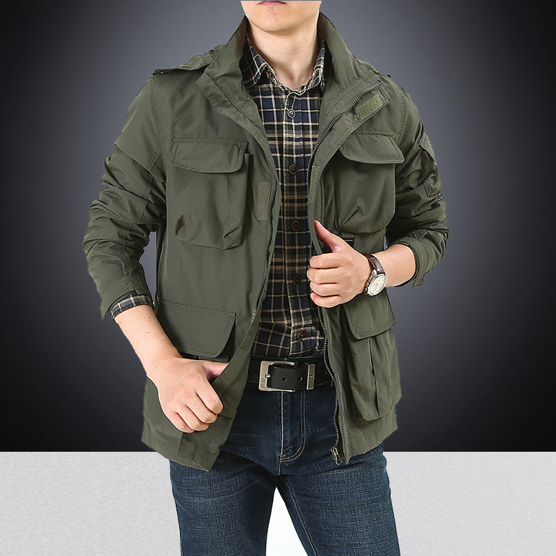Men's multifunctional utility field jacket with numerous flap and zippered pockets as well as D-ring Hudson & Parker