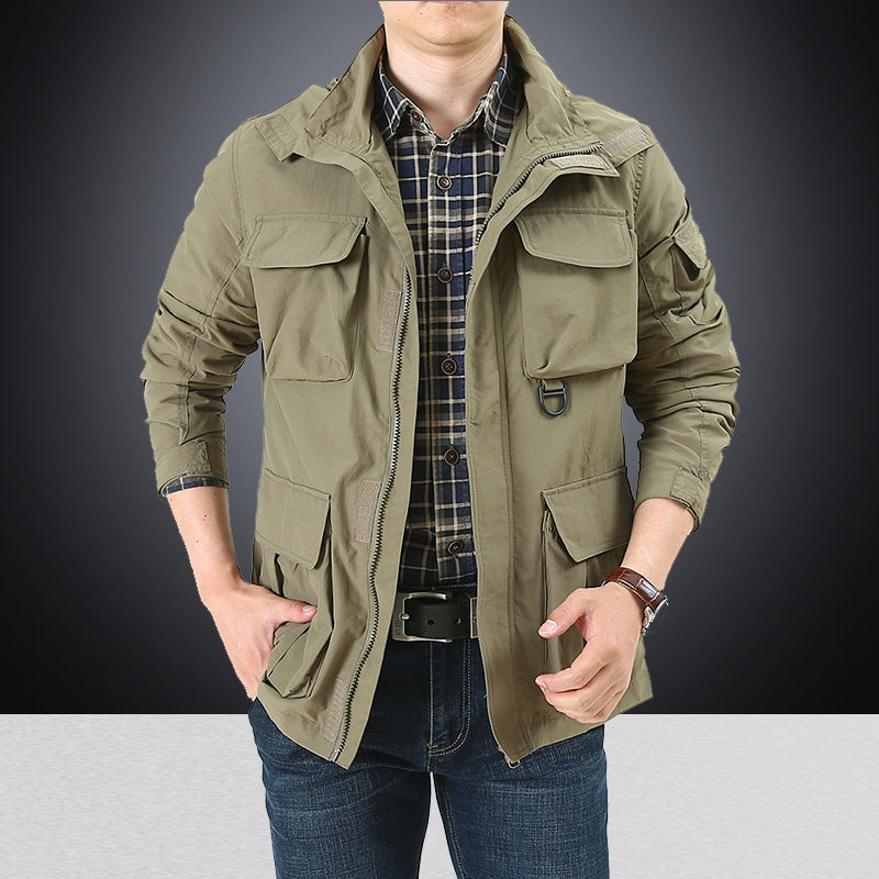 Men's multifunctional utility field jacket with numerous flap and zippered pockets as well as D-ring Hudson & Parker