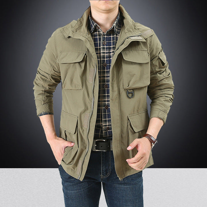 Men's multifunctional utility field jacket with numerous flap and zippered pockets as well as D-ring Hudson & Parker