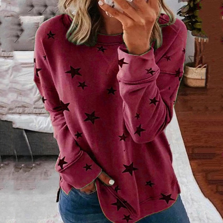 Ladies oversized star print sweatshirt with round neck, extended back and side slits Hudson & Parker