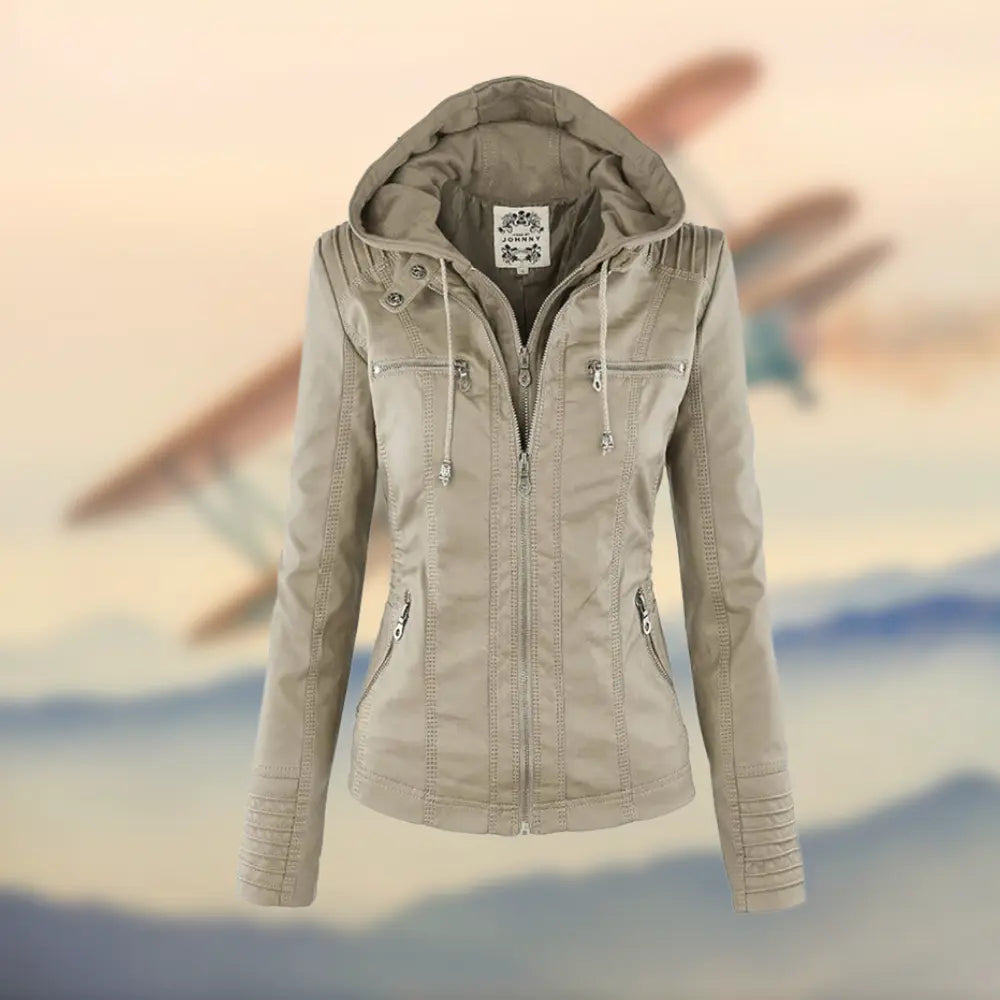 Caroline | Stylish Tan Leather Jacket with Hood