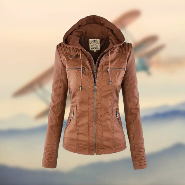 Caroline | Stylish Tan Leather Jacket with Hood
