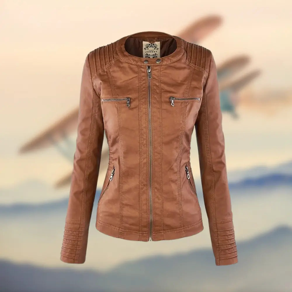 Caroline | Stylish Tan Leather Jacket with Hood