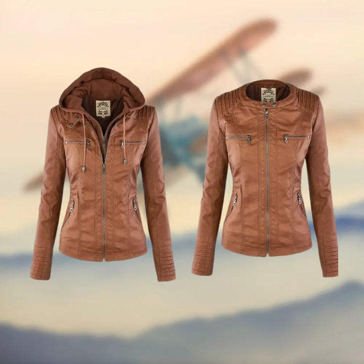 Caroline | Stylish Tan Leather Jacket with Hood