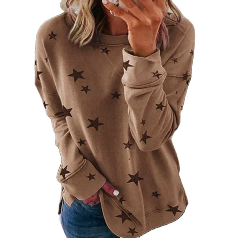 Ladies oversized star print sweatshirt with round neck, extended back and side slits Hudson & Parker