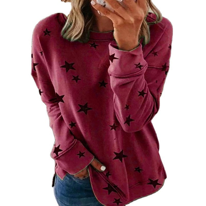 Ladies oversized star print sweatshirt with round neck, extended back and side slits Hudson & Parker