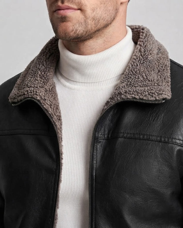 Men's synthetic leather zip jacket with full teddy fleece lining and high stand-up collar Hudson & Parker