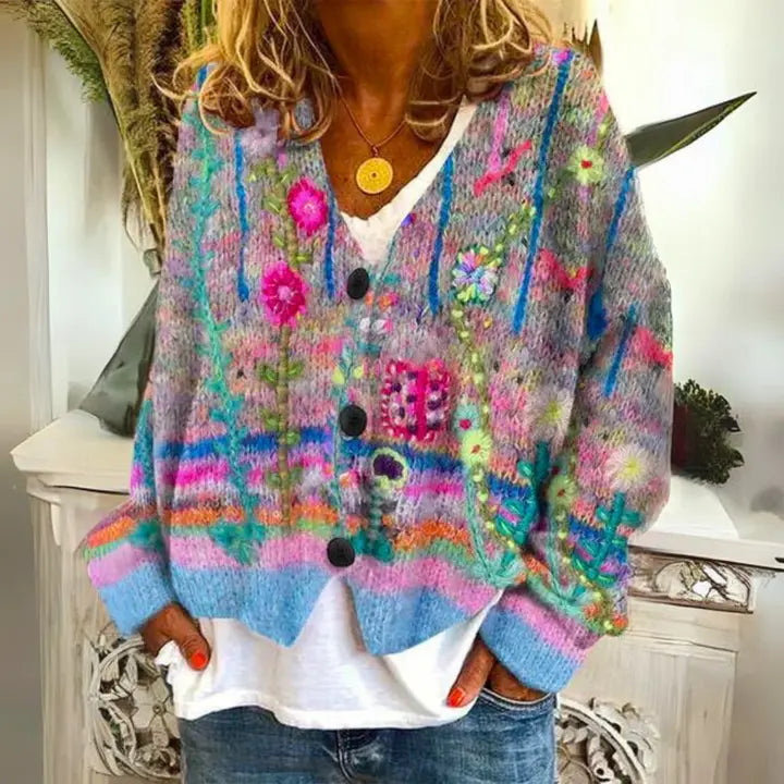 Anna | Women Floral Pattern Button Cardigan Sweater