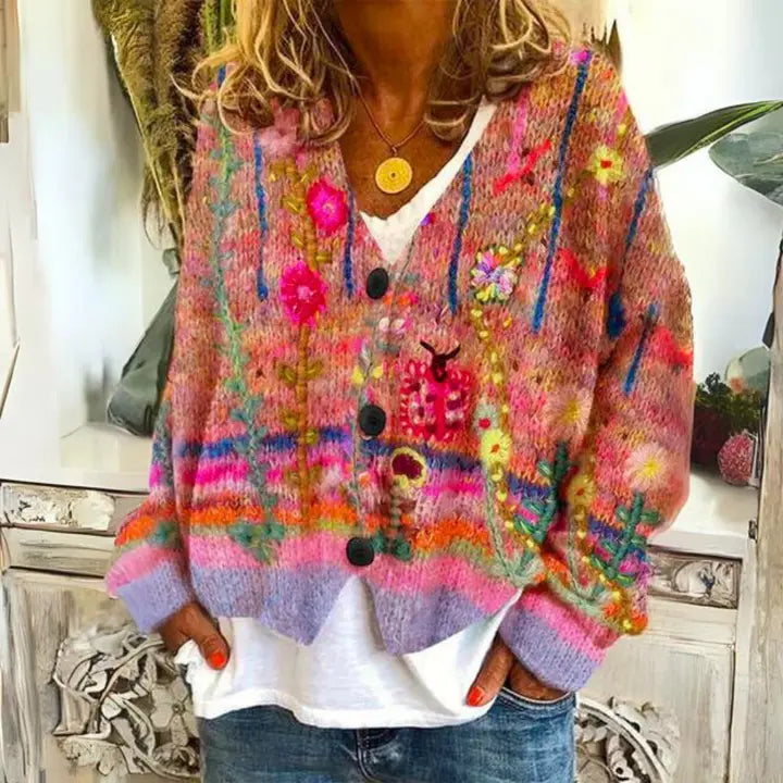 Anna | Women Floral Pattern Button Cardigan Sweater
