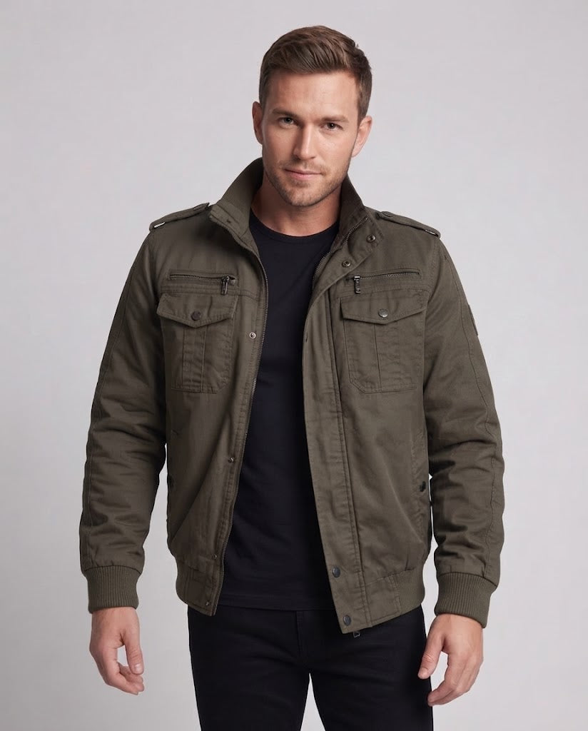 Men's short-cut pilot jacket made of canvas with hidden thermal lining and shoulder epaulets Hudson & Parker