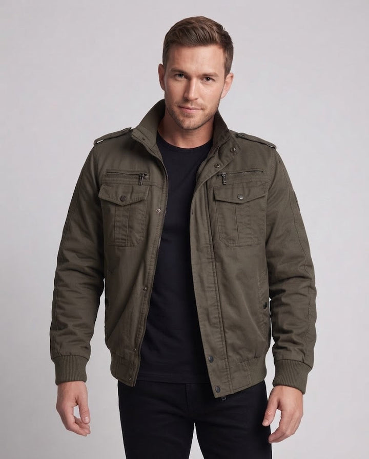 Men's short-cut pilot jacket made of canvas with hidden thermal lining and shoulder epaulets Hudson & Parker