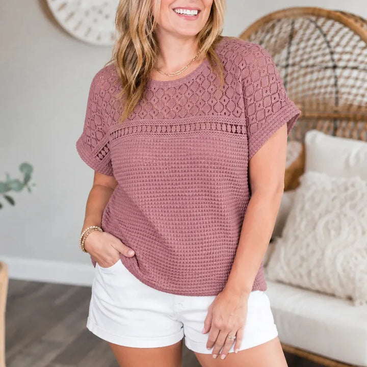 Hudson & Parker - Open Knit Short Sleeve Top, Waffle Texture Spring Summer Blouse for Women