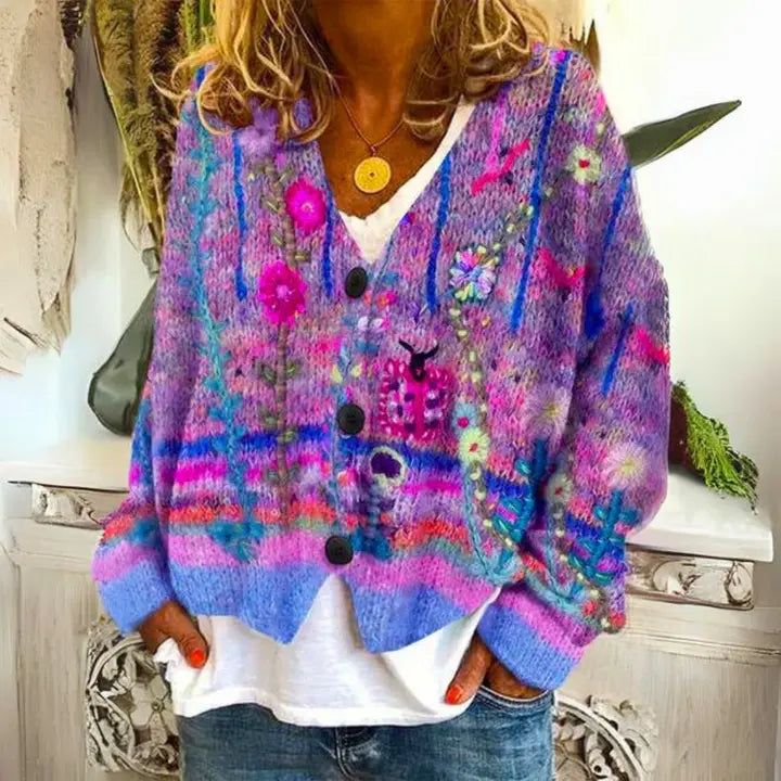 Anna | Women Floral Pattern Button Cardigan Sweater