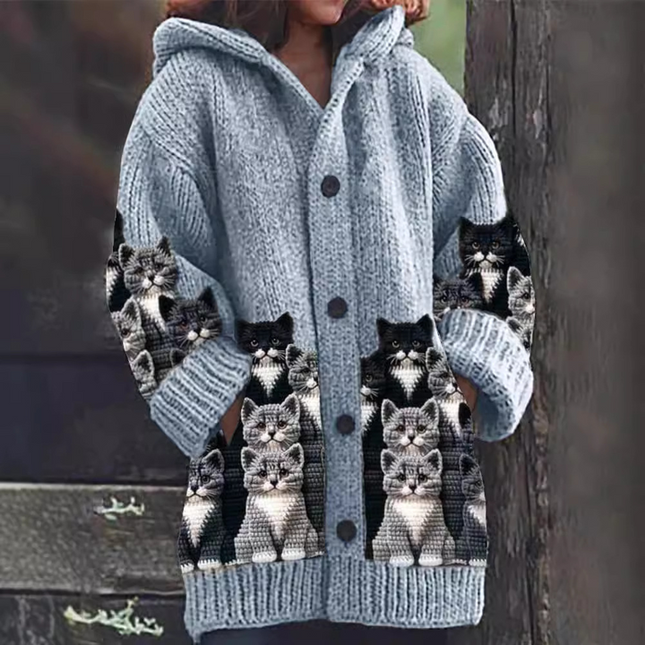 Jasmin - Cozy Knit Cat Print Cardigan