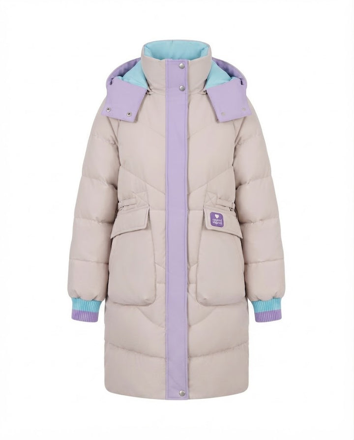 Women's longer padded hooded coat with large flap and patch pocket as well as elastic cuffs