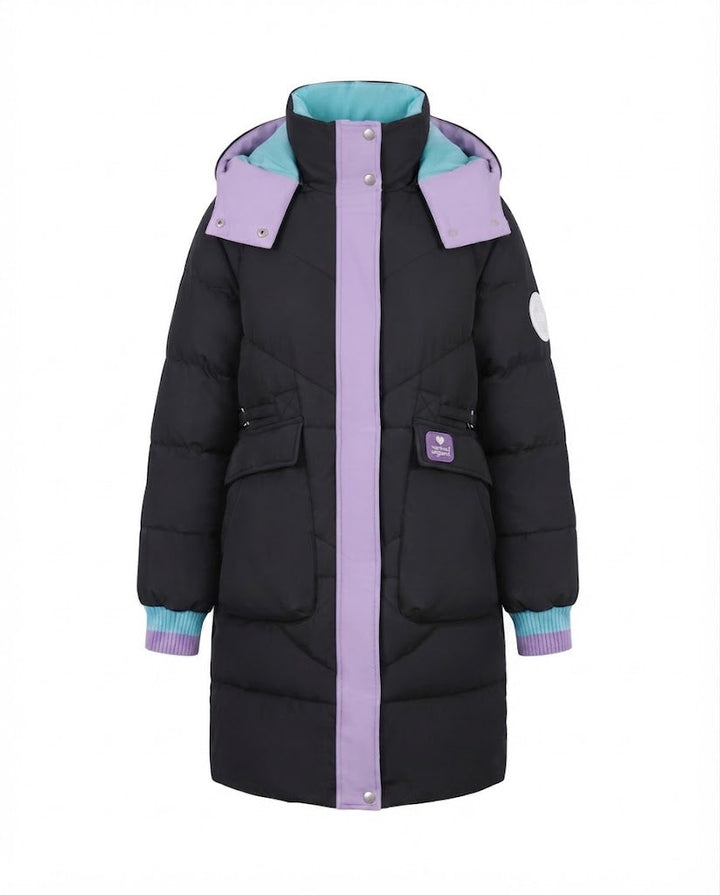 Women's longer padded hooded coat with large flap and patch pocket as well as elastic cuffs