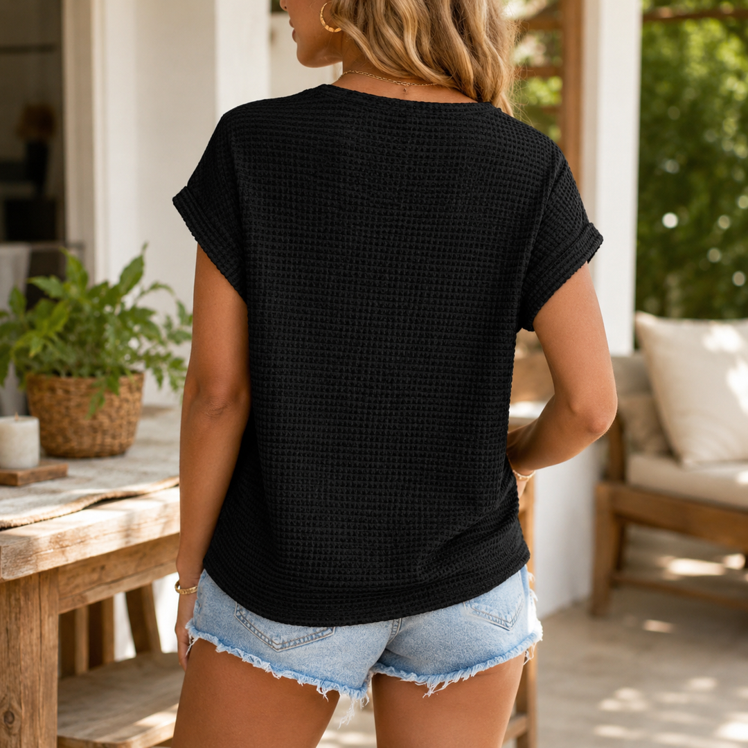 Hudson & Parker - Open Knit Short Sleeve Top, Waffle Texture Spring Summer Blouse for Women