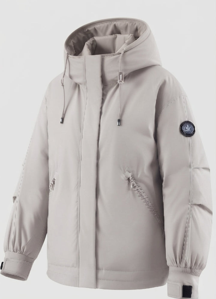 Women's nan windproof hoodie parka in a short cut with thermal padding and concealed front placket