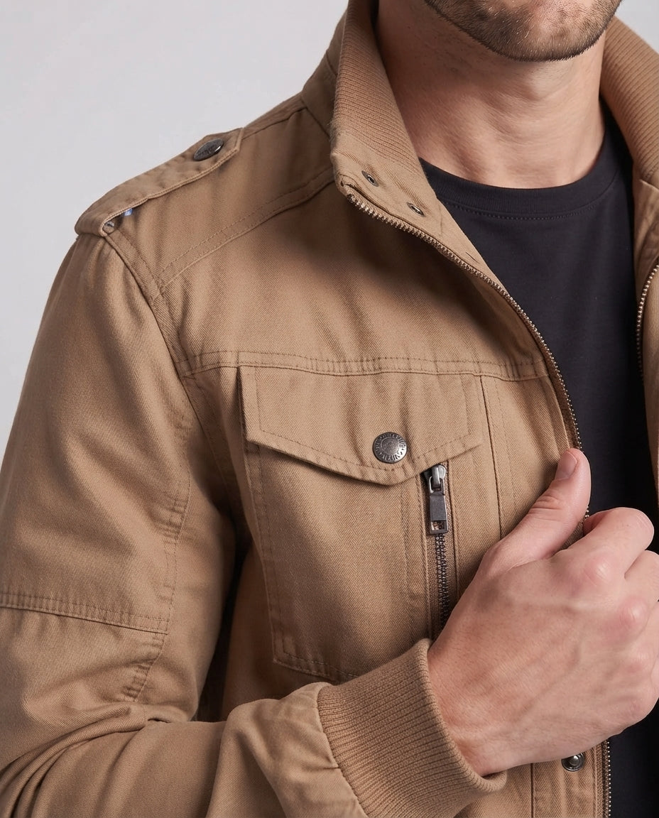 Men's Canvas Field Jacket in Military Look with Stand-up Collar, Epaulettes and Chest Flap Pockets Hudson & Parker