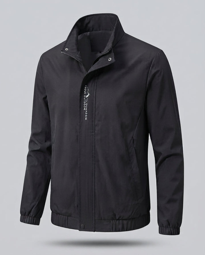Men's lightweight microfiber windbreaker with stand-up collar, water-repellent surface, and concealed pockets