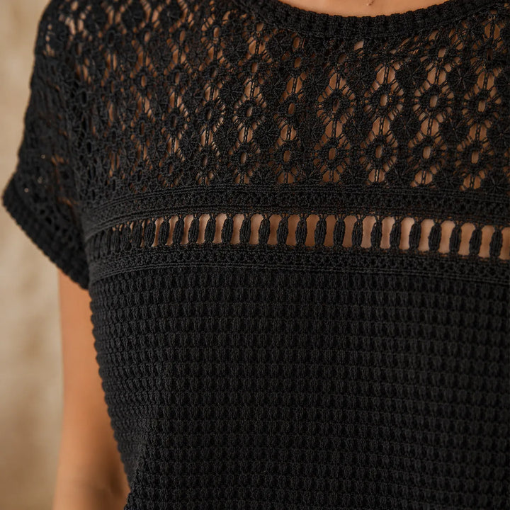 Hudson & Parker - Open Knit Short Sleeve Top, Waffle Texture Spring Summer Blouse for Women