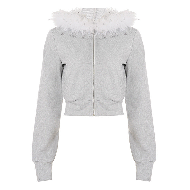 Women's short cut hoodie with faux fur hood, zipper and fitted cuff Hudson & Parker