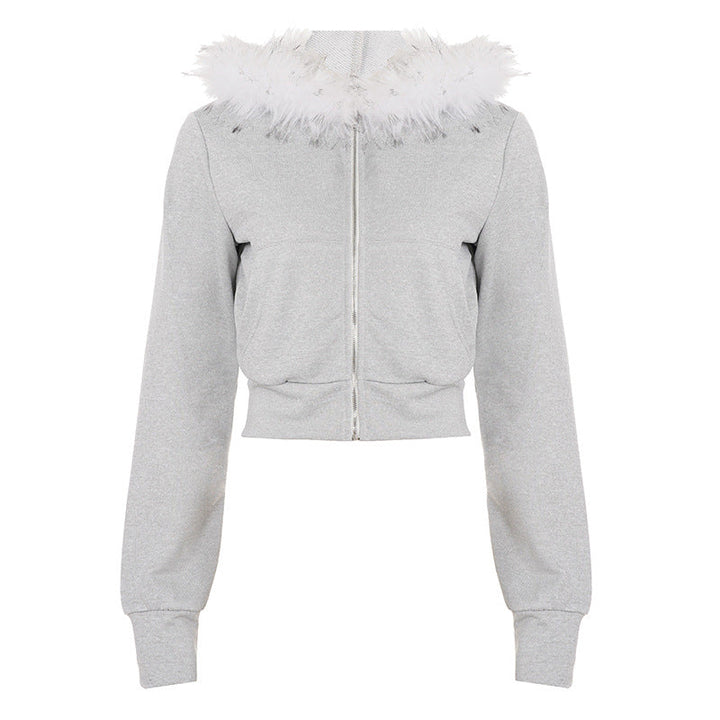Women's short cut hoodie with faux fur hood, zipper and fitted cuff Hudson & Parker