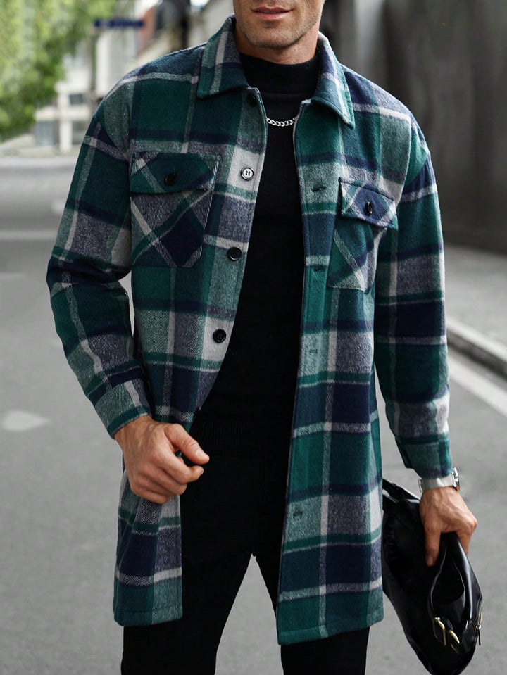 Men's checked longline overshirt with patch chest pockets and button placket Hudson & Parker