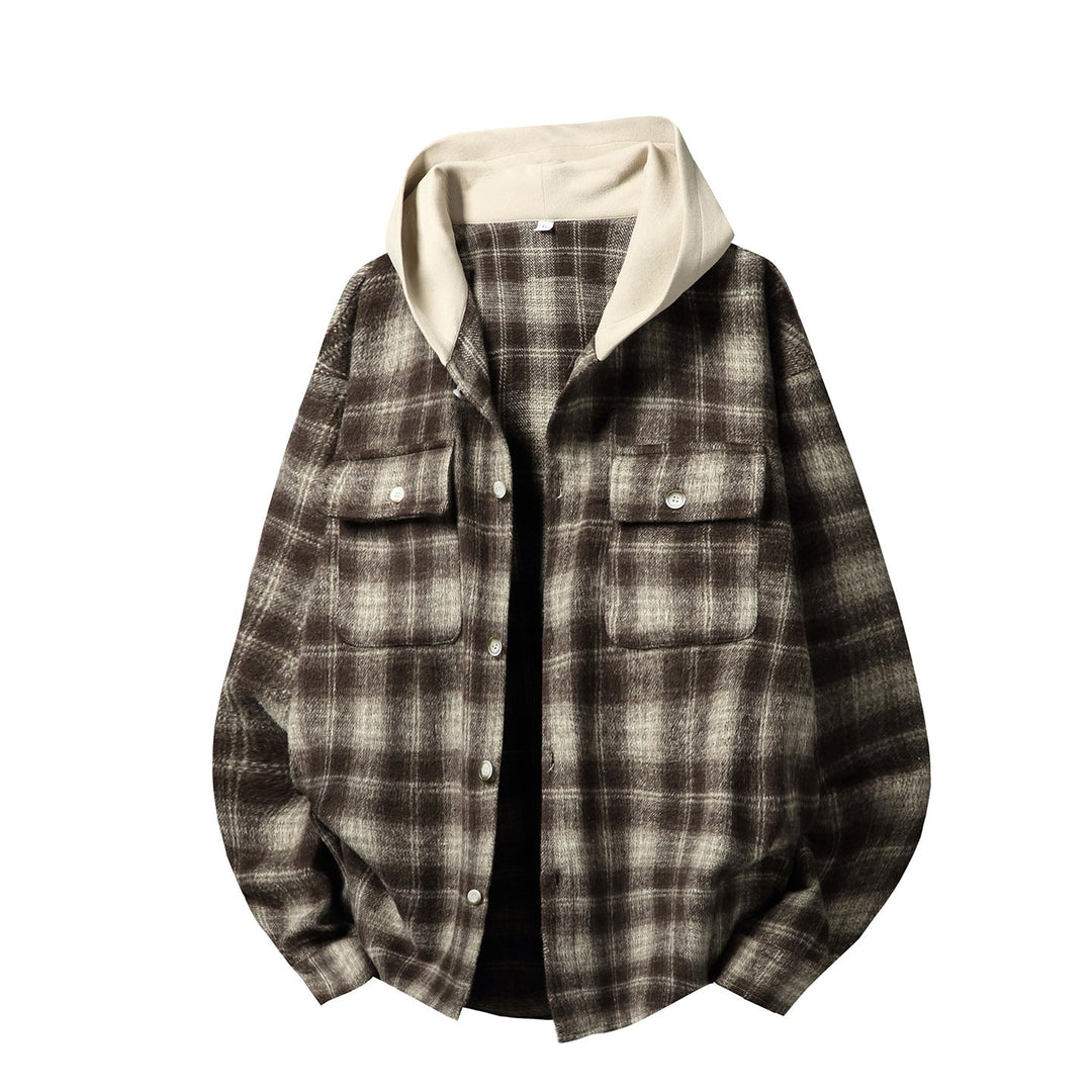 Unisex overshirt with contrast hood in check flannel look, button front and patch chest pockets Hudson & Parker