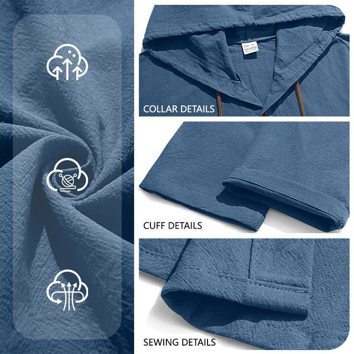 Men's textured linen blend hooded shirt with button placket, wood buttons, and side slits Hudson & Parker