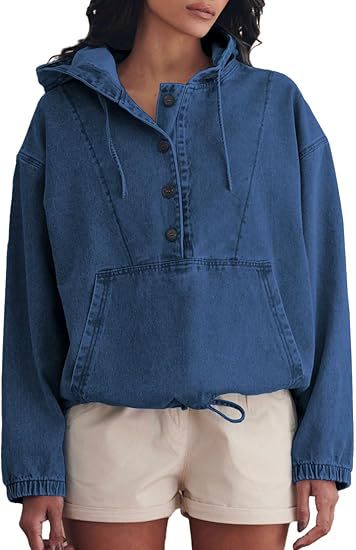 Women's denim hoodie with half button placket, kangaroo pocket, and drawstring hem Hudson & Parker