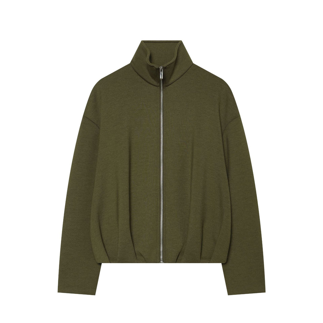 Women's cropped sweat jacket with high stand-up collar, full-length zipper and tailored drawstring hem Hudson & Parker