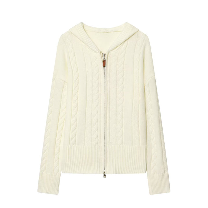 Ladies hooded cardigan with cable knit pattern and metal zipper Hudson & Parker