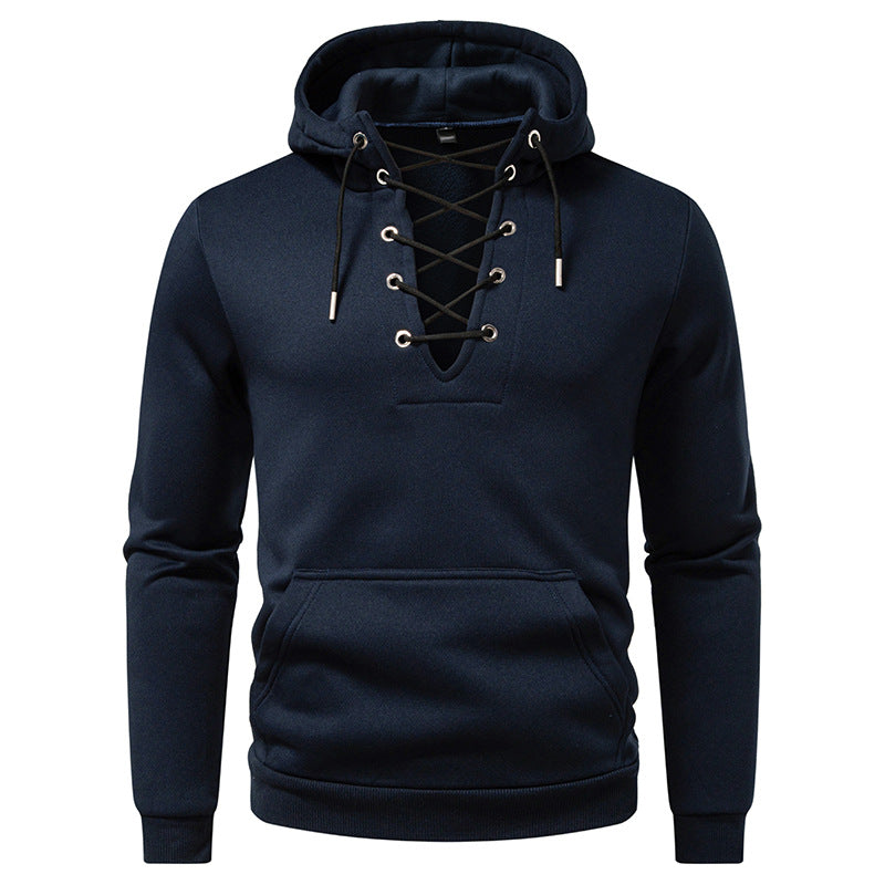 Men's hoodie in casual look with V-lacing, kangaroo pocket and ribbed cuffs Hudson & Parker