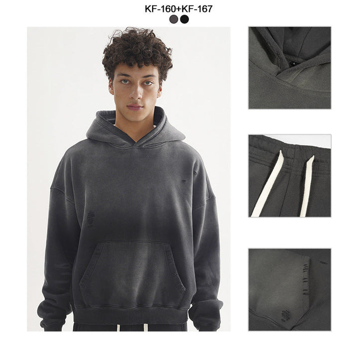 Men's Loose Distressed Sweatset with Cropped Hoodie and Baggy Jogging Pants Hudson & Parker
