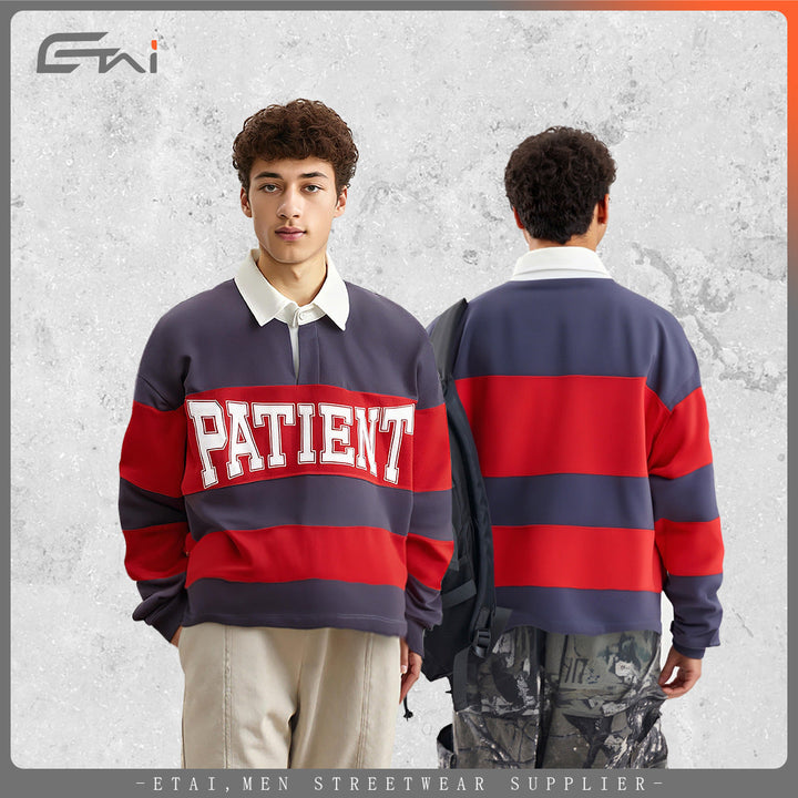 Men Striped Rugby Polo Sweatshirt with Contrast Collar and Oversized Fit Hudson & Parker