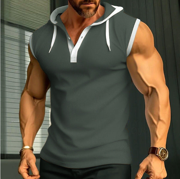 Men's sleeveless hoodie polo shirt with mesh structure and Henley button placket Hudson & Parker