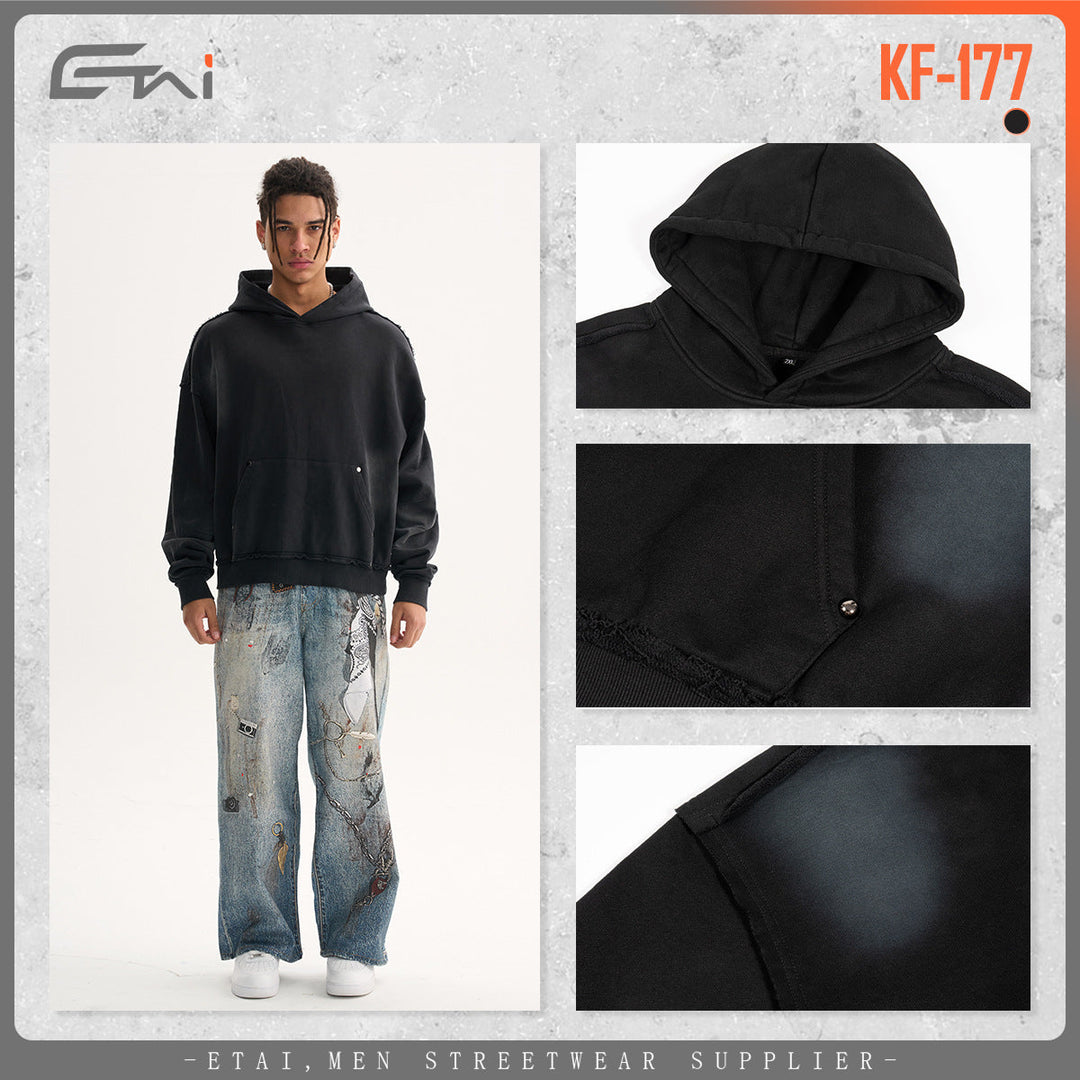 Men's Boxy Hoodie with Frayed Hem, Studded Kangaroo Pocket and Worn Spot Effect Hudson & Parker