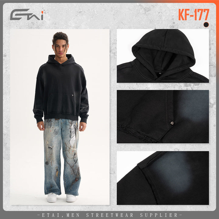Men's Boxy Hoodie with Frayed Hem, Studded Kangaroo Pocket and Worn Spot Effect Hudson & Parker