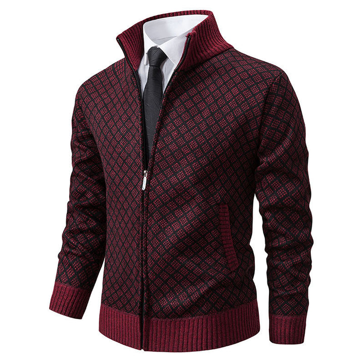 Men's Patterned Knit Zip Jacket with Stand-Up Collar, Jacquard Pattern and Ribbed Cuffs Hudson & Parker